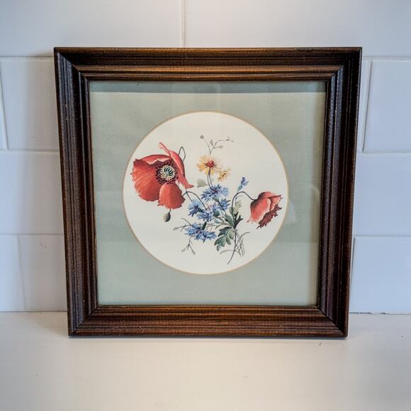 Vintage Wooden Framed Botanical Red Poppy & Wildflower Print w/ Matte, 9.5" - Picture 3 of 6